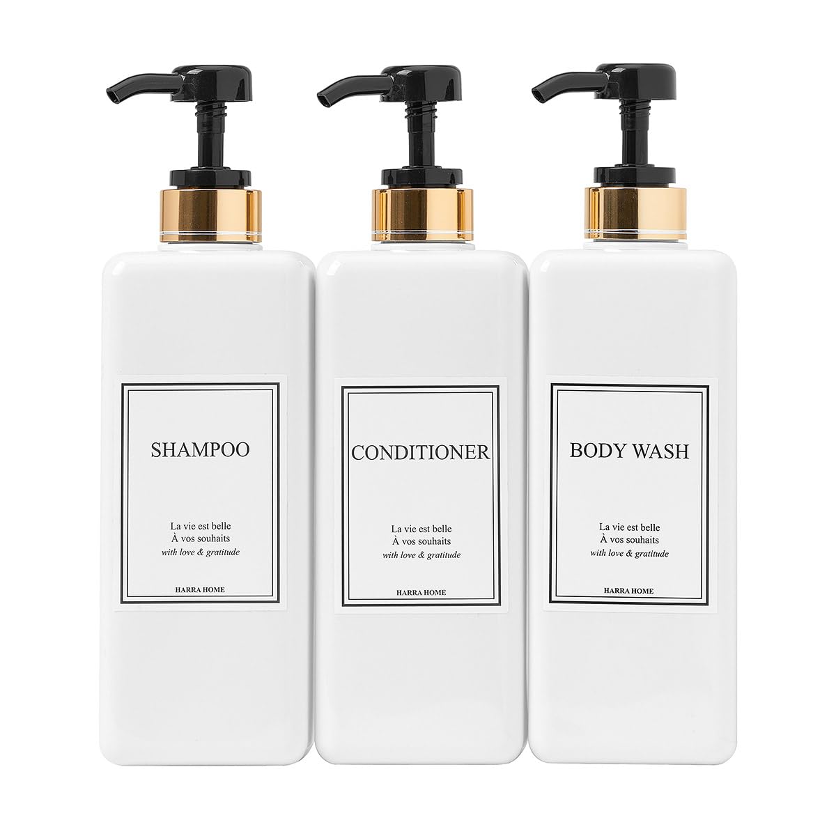 Shampoo and Conditioner Dispenser - Modern Design Large 27oz Shower Soap Dispenser Set of 3, Refillable Empty Plastic Pump Bottles for Bathroom, 6 Waterproof Labels Included, White & Silver