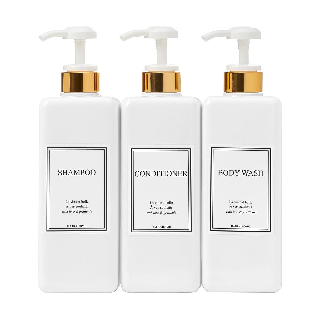 Shampoo and Conditioner Dispenser - Modern Design Large 27oz Shower Soap Dispenser Set of 3, Refillable Empty Plastic Pump Bottles for Bathroom, 6 Waterproof Labels Included, White & Silver