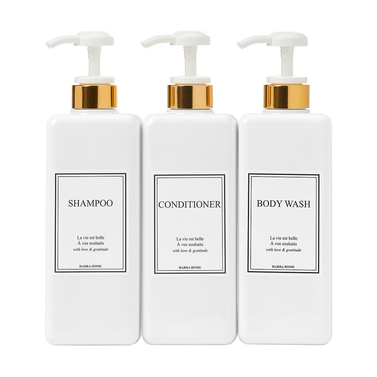 Shampoo and Conditioner Dispenser - Modern Design Large 27oz Shower Soap Dispenser Set of 3, Refillable Empty Plastic Pump Bottles for Bathroom, 6 Waterproof Labels Included, White & Silver