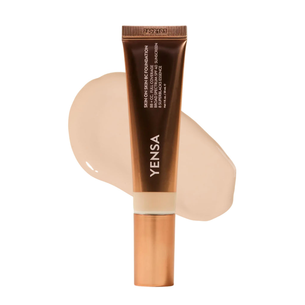 YENSA Skin on Skin BC Foundation Makeup - CC Cream, BB Cream & Full Coverage Foundation-In-One - Buildable, Radiant Finish with SPF 40, Hyaluronic Acid, Peptides & 8 SuperBlacks - Tan Golden (1 oz)
