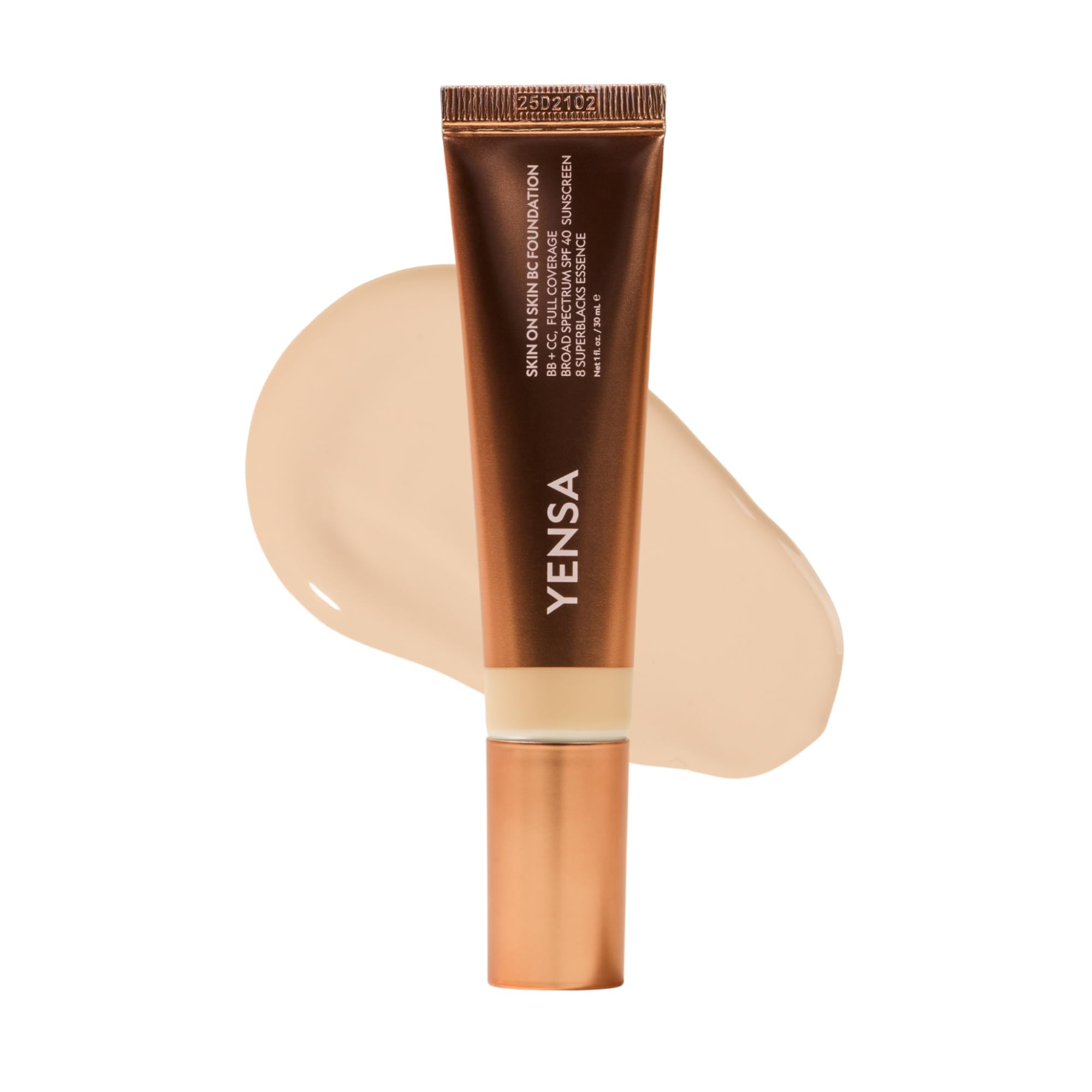 YENSA Skin on Skin BC Foundation Makeup - CC Cream, BB Cream & Full Coverage Foundation-In-One - Buildable, Radiant Finish with SPF 40, Hyaluronic Acid, Peptides & 8 SuperBlacks - Tan Golden (1 oz)