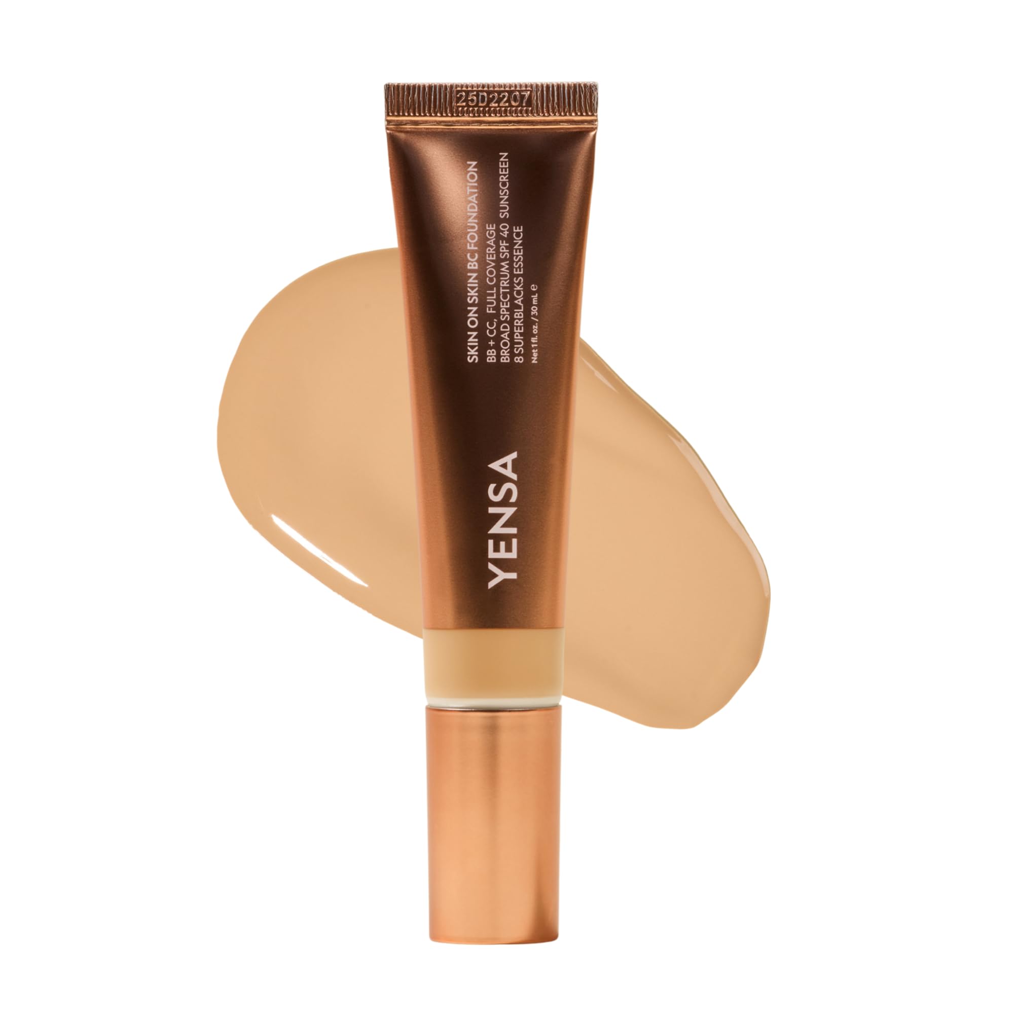 YENSA Skin on Skin BC Foundation Makeup - CC Cream, BB Cream & Full Coverage Foundation-In-One - Buildable, Radiant Finish with SPF 40, Hyaluronic Acid, Peptides & 8 SuperBlacks - Tan Golden (1 oz)