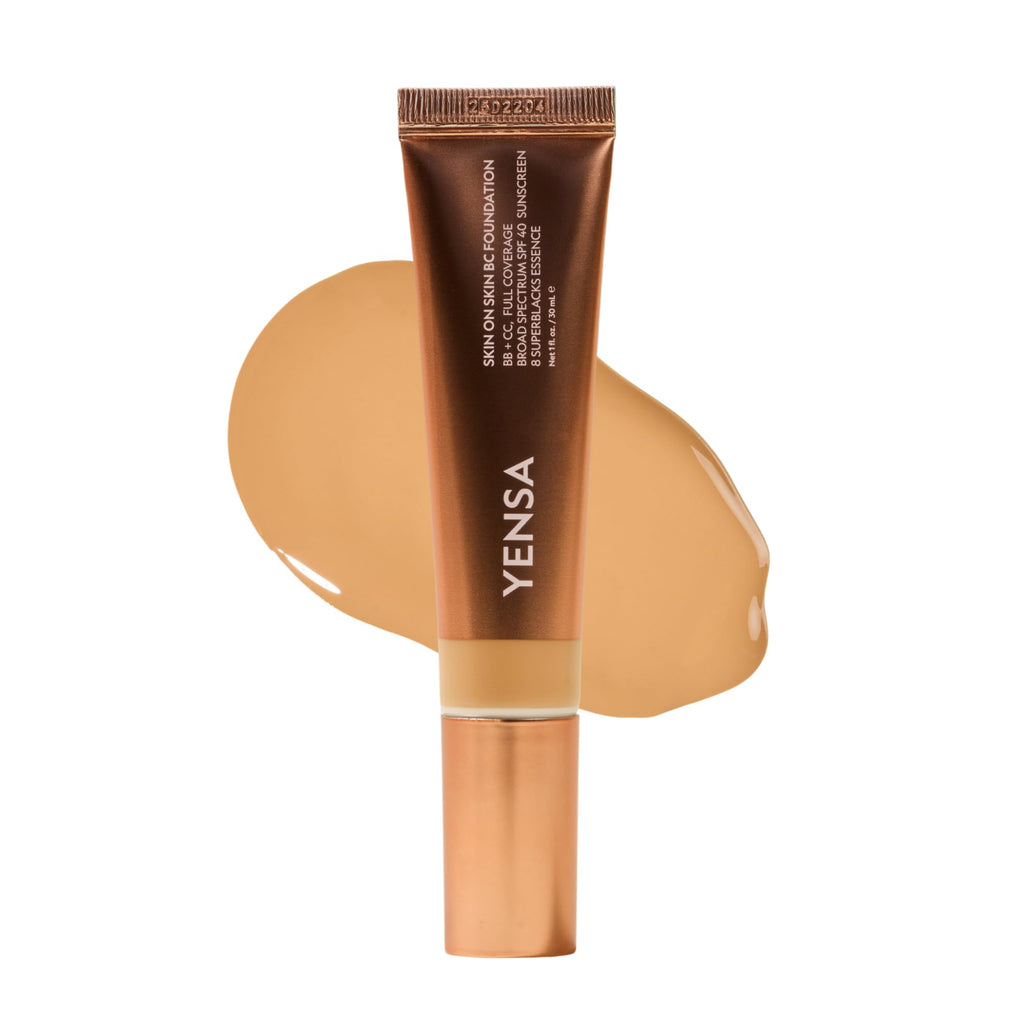 YENSA Skin on Skin BC Foundation Makeup - CC Cream, BB Cream & Full Coverage Foundation-In-One - Buildable, Radiant Finish with SPF 40, Hyaluronic Acid, Peptides & 8 SuperBlacks - Tan Golden (1 oz)
