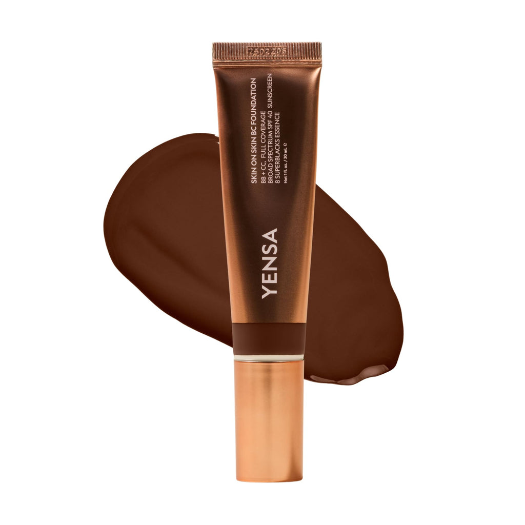 YENSA Skin on Skin BC Foundation Makeup - CC Cream, BB Cream & Full Coverage Foundation-In-One - Buildable, Radiant Finish with SPF 40, Hyaluronic Acid, Peptides & 8 SuperBlacks - Tan Golden (1 oz)
