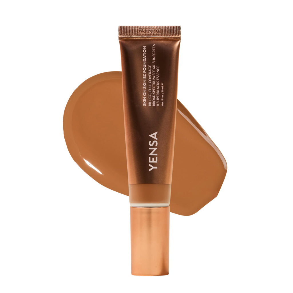 YENSA Skin on Skin BC Foundation Makeup - CC Cream, BB Cream & Full Coverage Foundation-In-One - Buildable, Radiant Finish with SPF 40, Hyaluronic Acid, Peptides & 8 SuperBlacks - Tan Golden (1 oz)