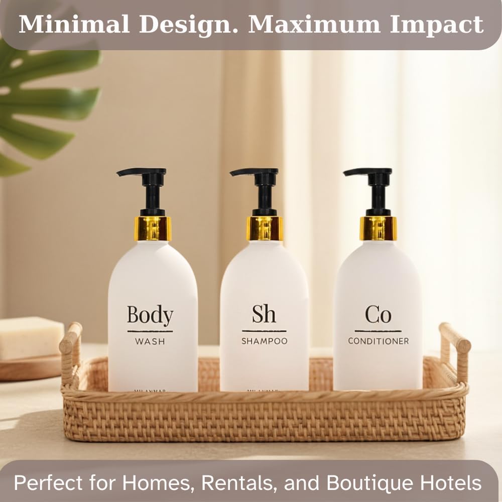 Shampoo & Conditioner Shower Dispenser Set, Pearl White - Empty Matte Plastic Bottles, 16.9 oz Pump Containers, Luxury Bathroom Decor, 3 Pack for Spa, Airbnb [White-Gold]