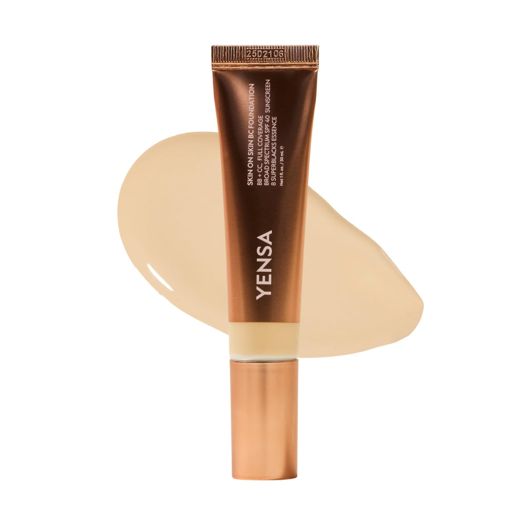 YENSA Skin on Skin BC Foundation Makeup - CC Cream, BB Cream & Full Coverage Foundation-In-One - Buildable, Radiant Finish with SPF 40, Hyaluronic Acid, Peptides & 8 SuperBlacks - Tan Golden (1 oz)