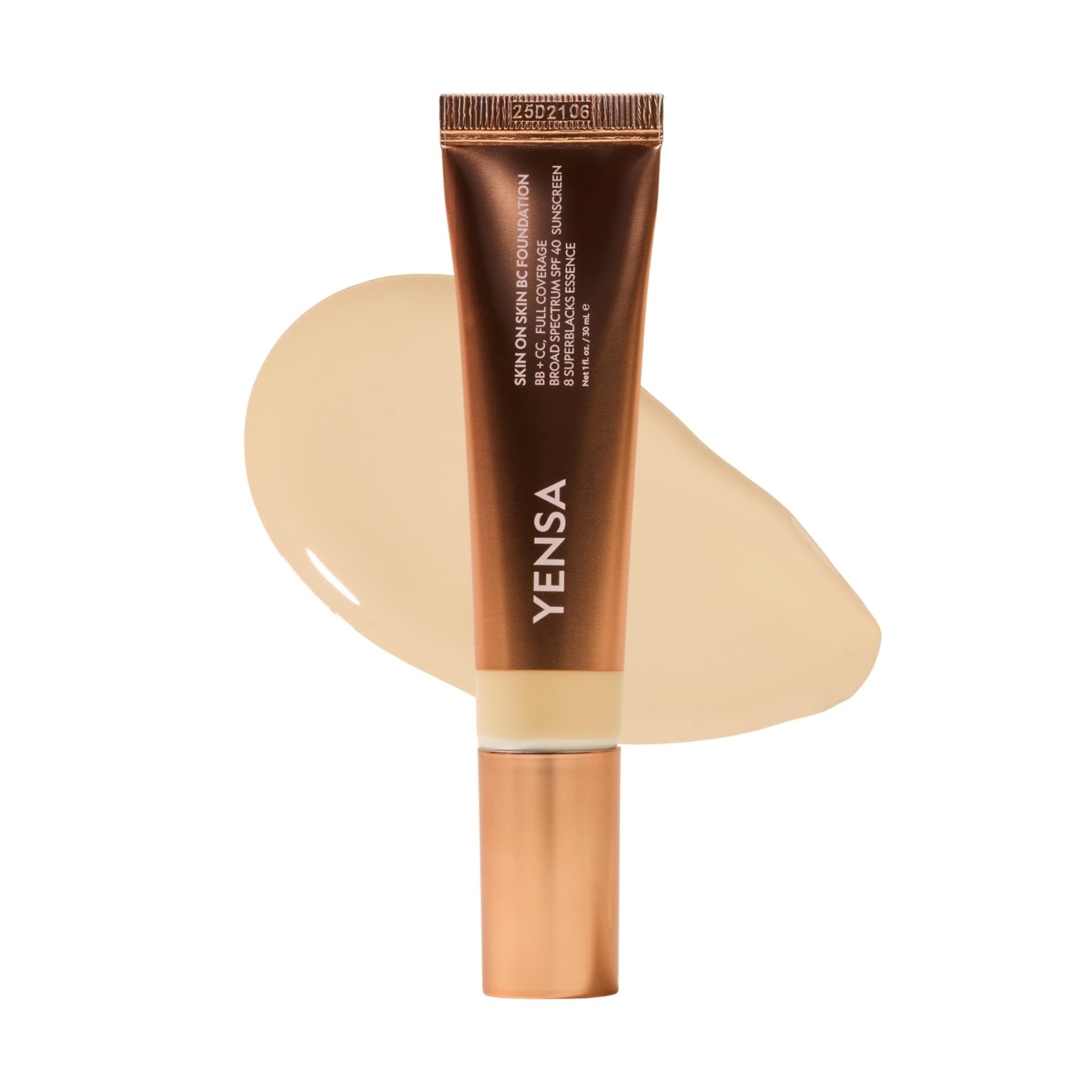 YENSA Skin on Skin BC Foundation Makeup - CC Cream, BB Cream & Full Coverage Foundation-In-One - Buildable, Radiant Finish with SPF 40, Hyaluronic Acid, Peptides & 8 SuperBlacks - Tan Golden (1 oz)