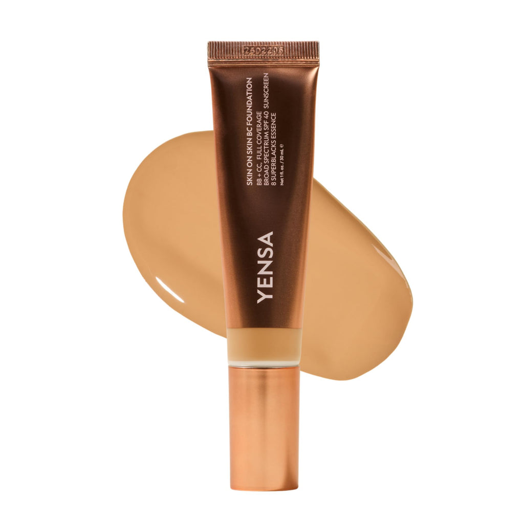 YENSA Skin on Skin BC Foundation Makeup - CC Cream, BB Cream & Full Coverage Foundation-In-One - Buildable, Radiant Finish with SPF 40, Hyaluronic Acid, Peptides & 8 SuperBlacks - Tan Golden (1 oz)