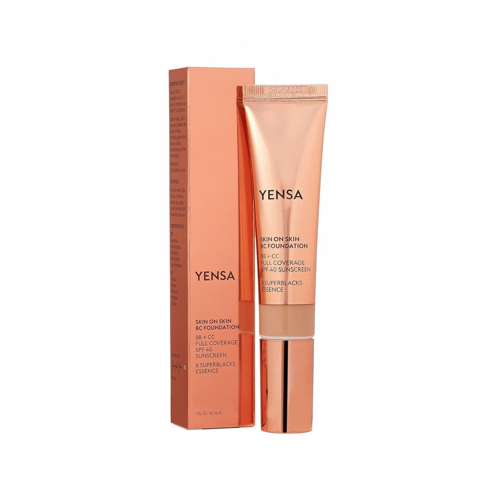 YENSA Skin on Skin BC Foundation Makeup - CC Cream, BB Cream & Full Coverage Foundation-In-One - Buildable, Radiant Finish with SPF 40, Hyaluronic Acid, Peptides & 8 SuperBlacks - Tan Golden (1 oz)