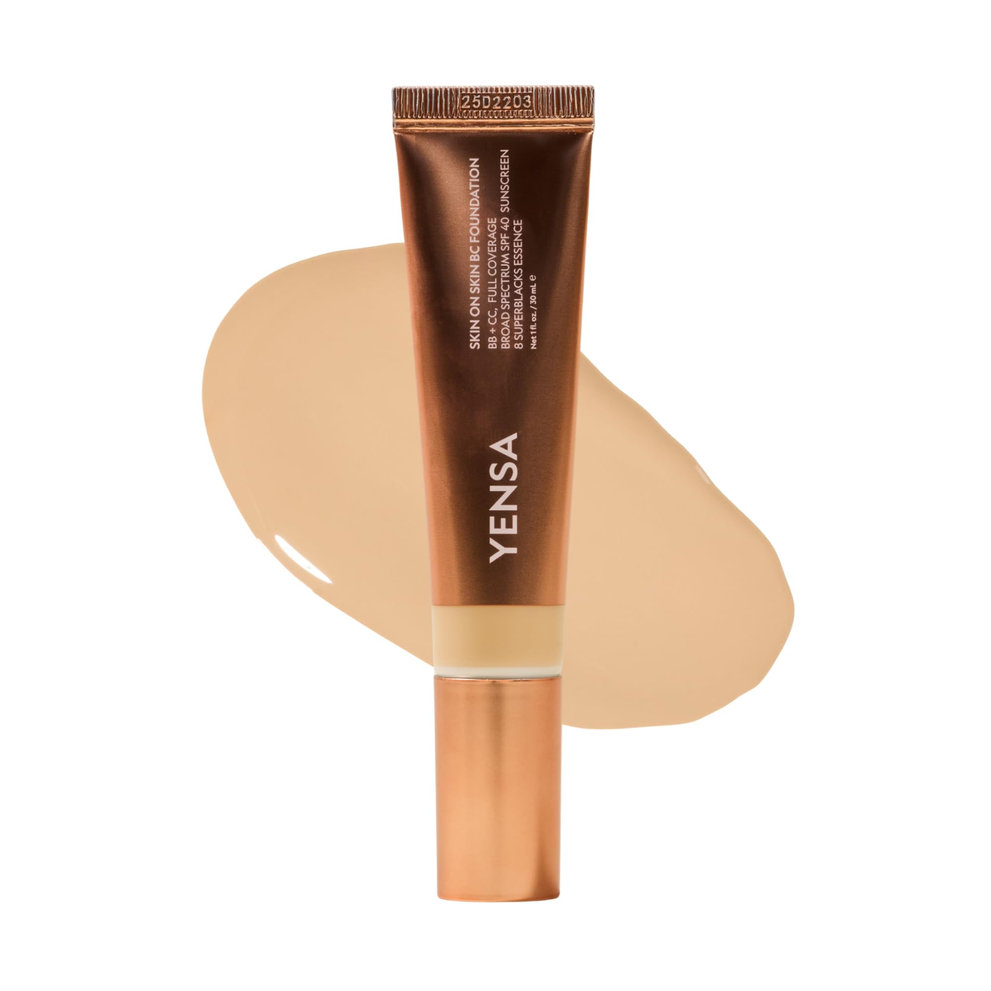 YENSA Skin on Skin BC Foundation Makeup - CC Cream, BB Cream & Full Coverage Foundation-In-One - Buildable, Radiant Finish with SPF 40, Hyaluronic Acid, Peptides & 8 SuperBlacks - Tan Golden (1 oz)