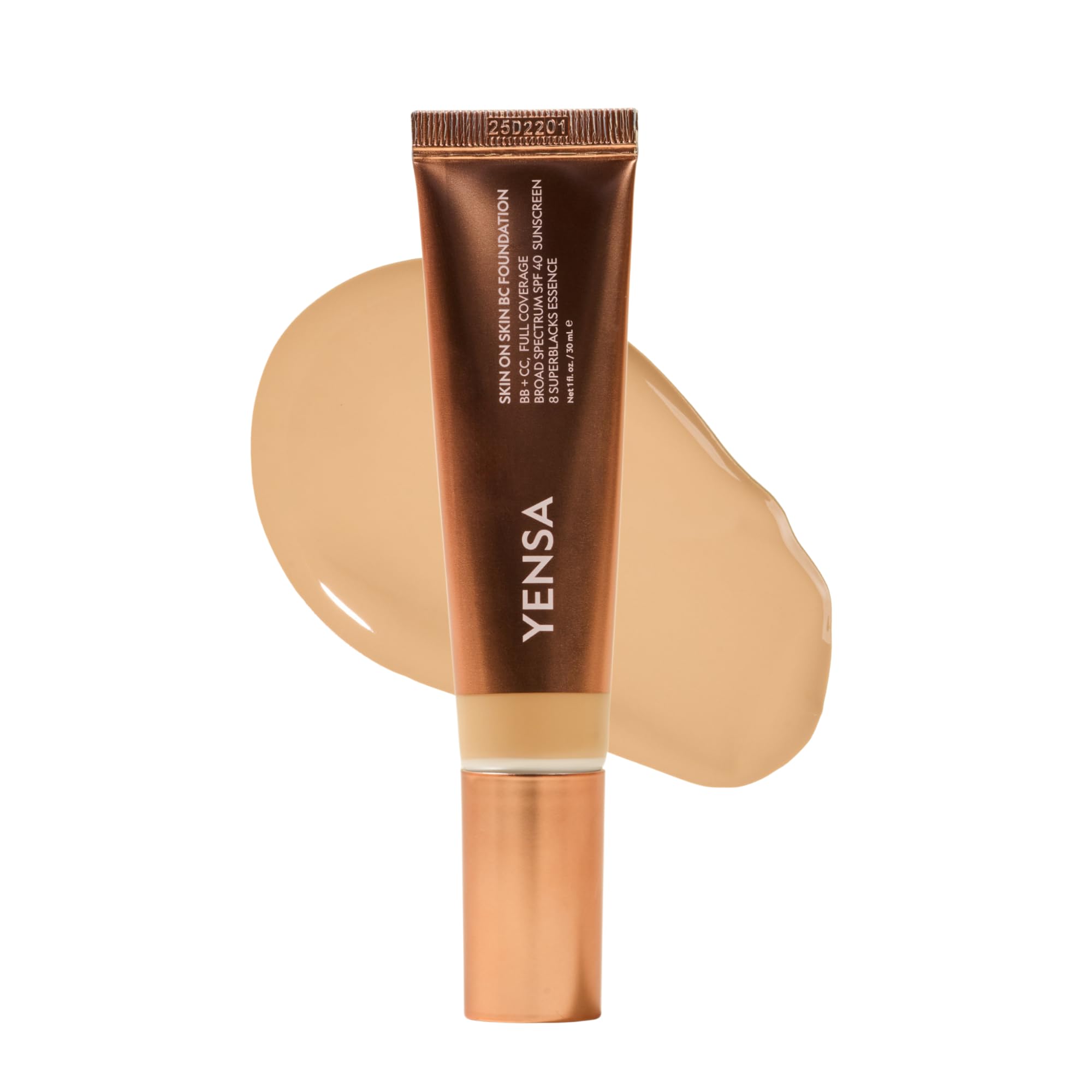 YENSA Skin on Skin BC Foundation Makeup - CC Cream, BB Cream & Full Coverage Foundation-In-One - Buildable, Radiant Finish with SPF 40, Hyaluronic Acid, Peptides & 8 SuperBlacks - Tan Golden (1 oz)