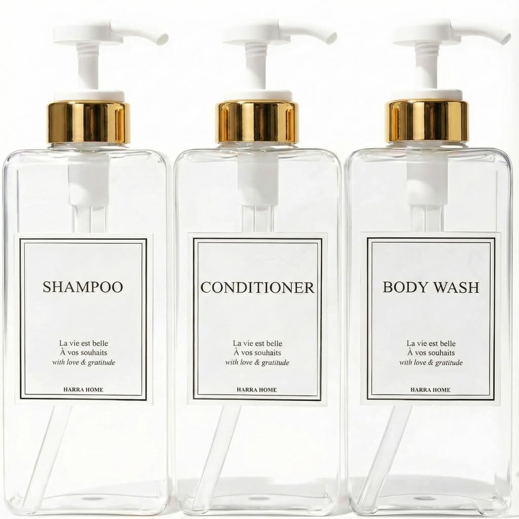 Shampoo and Conditioner Dispenser - Modern Design Large 27oz Shower Soap Dispenser Set of 3, Refillable Empty Plastic Pump Bottles for Bathroom, 6 Waterproof Labels Included, White & Silver