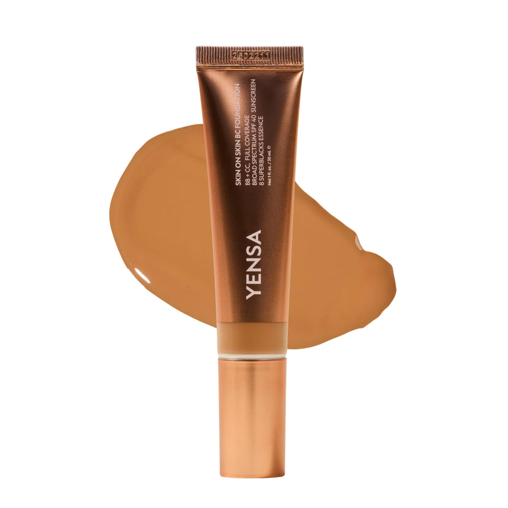 YENSA Skin on Skin BC Foundation Makeup - CC Cream, BB Cream & Full Coverage Foundation-In-One - Buildable, Radiant Finish with SPF 40, Hyaluronic Acid, Peptides & 8 SuperBlacks - Tan Golden (1 oz)