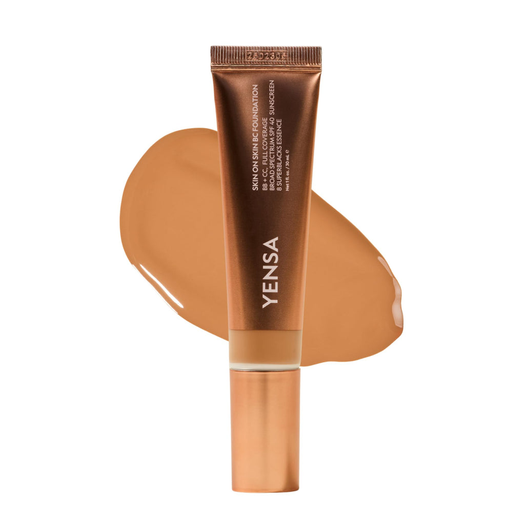 YENSA Skin on Skin BC Foundation Makeup - CC Cream, BB Cream & Full Coverage Foundation-In-One - Buildable, Radiant Finish with SPF 40, Hyaluronic Acid, Peptides & 8 SuperBlacks - Tan Golden (1 oz)