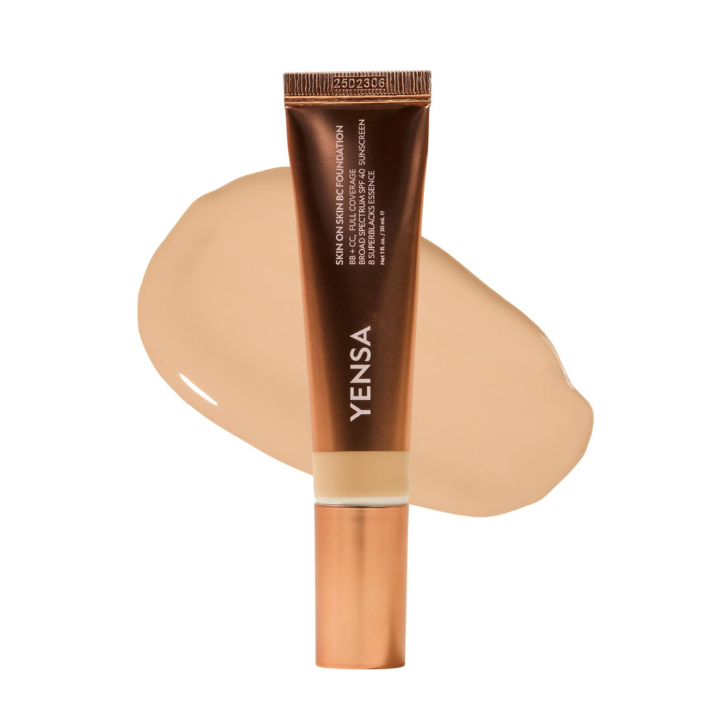 YENSA Skin on Skin BC Foundation Makeup - CC Cream, BB Cream & Full Coverage Foundation-In-One - Buildable, Radiant Finish with SPF 40, Hyaluronic Acid, Peptides & 8 SuperBlacks - Tan Golden (1 oz)