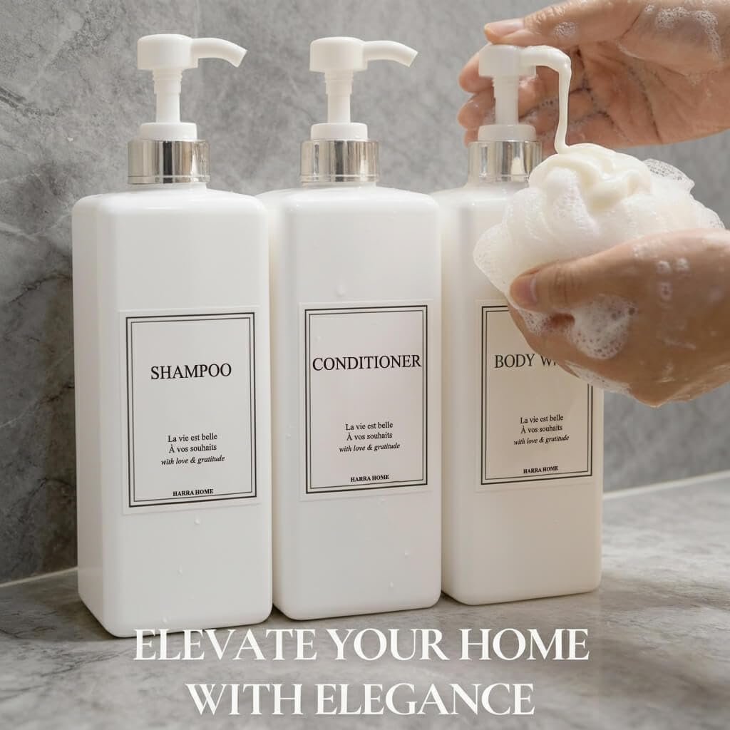 Shampoo and Conditioner Dispenser - Modern Design Large 27oz Shower Soap Dispenser Set of 3, Refillable Empty Plastic Pump Bottles for Bathroom, 6 Waterproof Labels Included, White & Silver