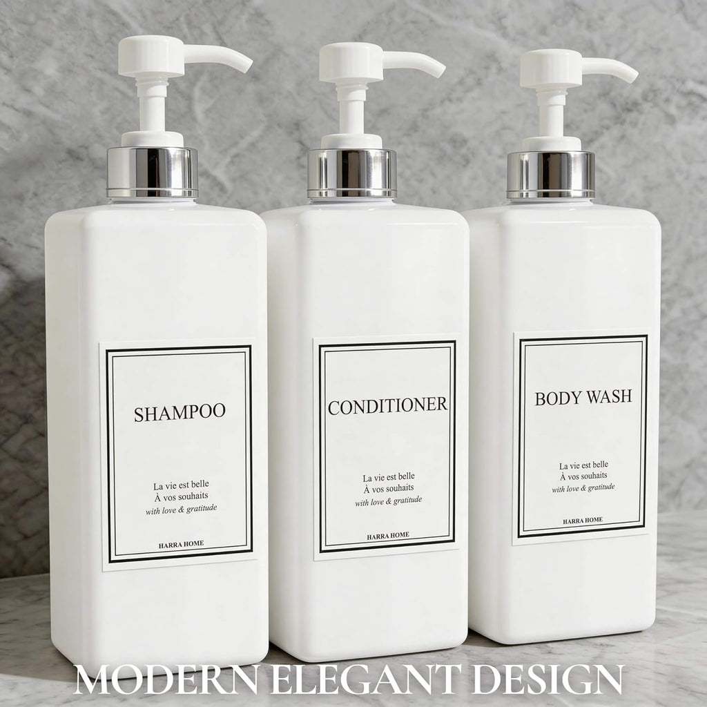 Shampoo and Conditioner Dispenser - Modern Design Large 27oz Shower Soap Dispenser Set of 3, Refillable Empty Plastic Pump Bottles for Bathroom, 6 Waterproof Labels Included, White & Silver