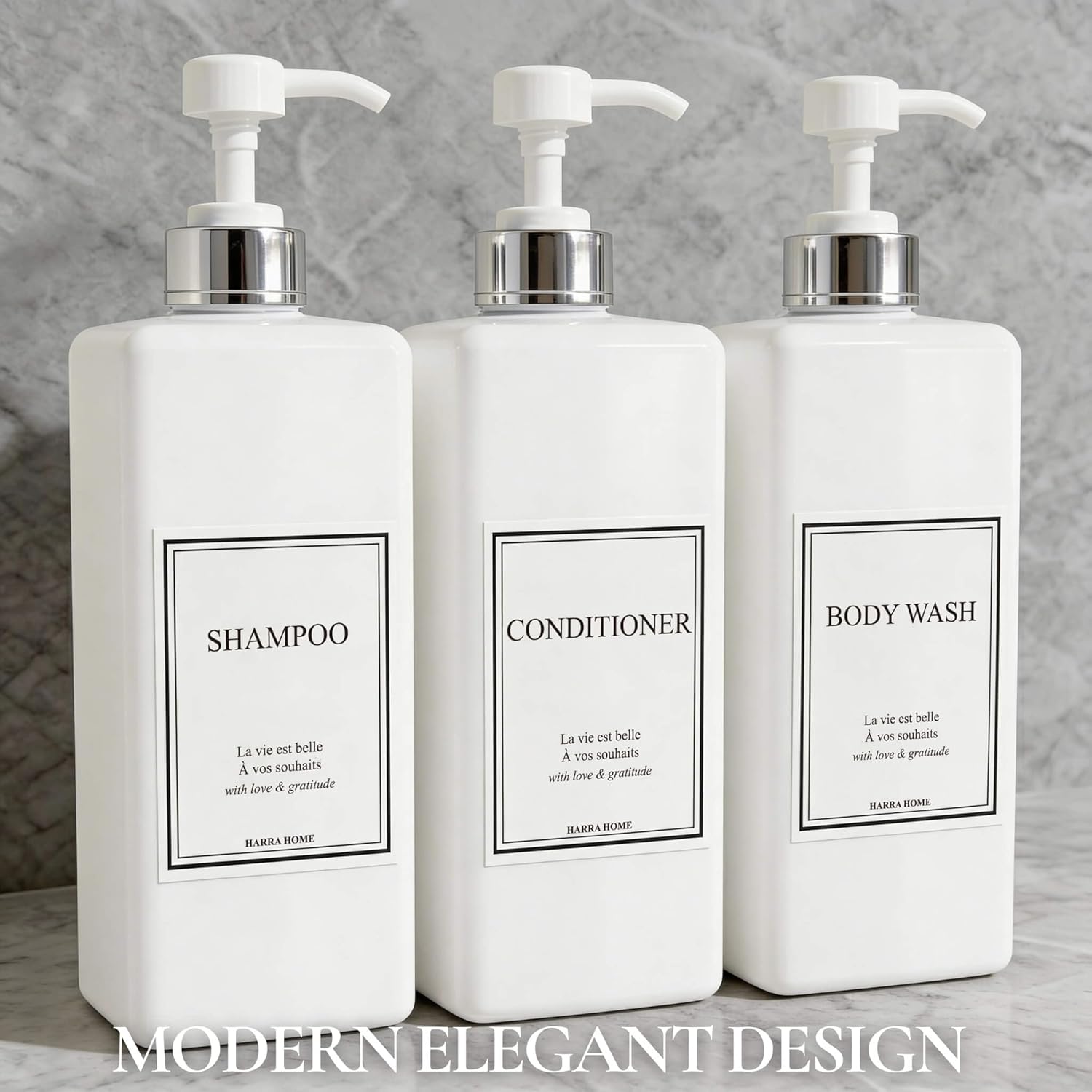 Shampoo and Conditioner Dispenser - Modern Design Large 27oz Shower Soap Dispenser Set of 3, Refillable Empty Plastic Pump Bottles for Bathroom, 6 Waterproof Labels Included, White & Silver