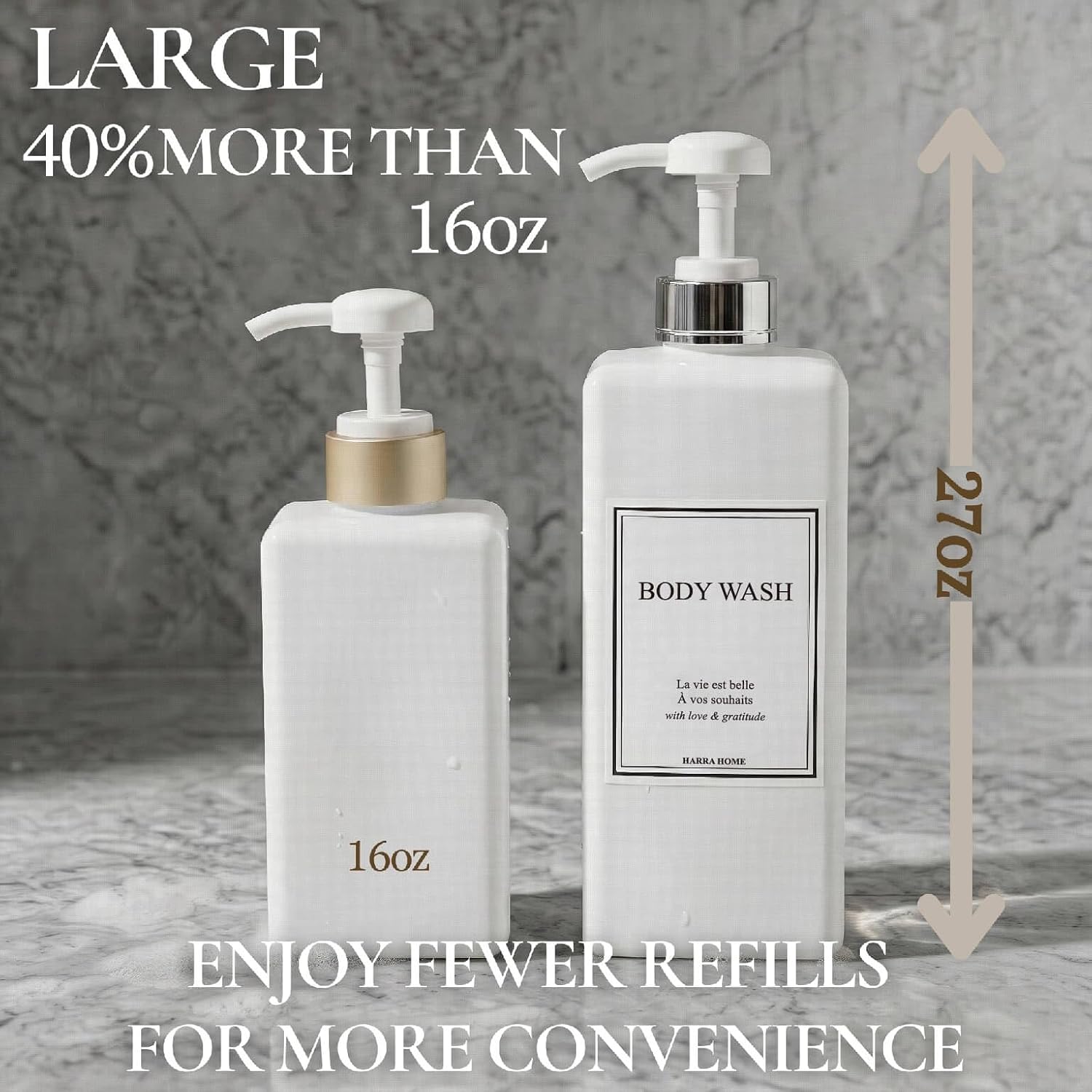 Shampoo and Conditioner Dispenser - Modern Design Large 27oz Shower Soap Dispenser Set of 3, Refillable Empty Plastic Pump Bottles for Bathroom, 6 Waterproof Labels Included, White & Silver