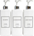 Shampoo and Conditioner Dispenser - Modern Design Large 27oz Shower Soap Dispenser Set of 3, Refillable Empty Plastic Pump Bottles for Bathroom, 6 Waterproof Labels Included, White & Silver