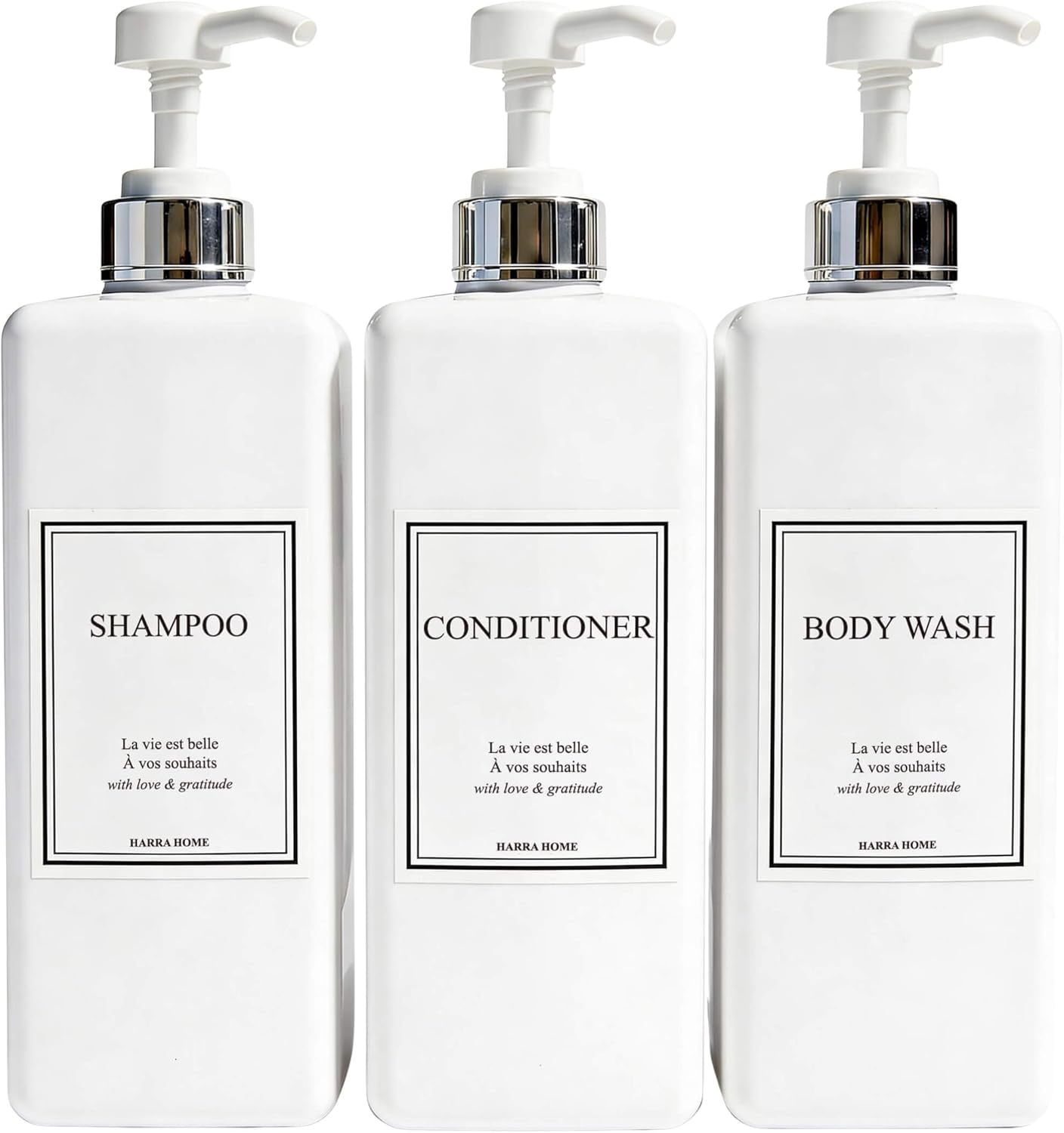 Shampoo and Conditioner Dispenser - Modern Design Large 27oz Shower Soap Dispenser Set of 3, Refillable Empty Plastic Pump Bottles for Bathroom, 6 Waterproof Labels Included, White & Silver