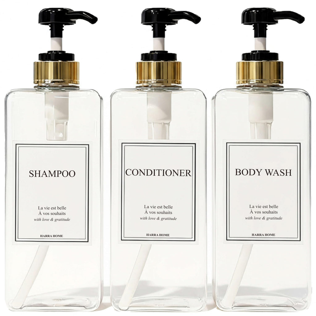 Shampoo and Conditioner Dispenser - Modern Design Large 27oz Shower Soap Dispenser Set of 3, Refillable Empty Plastic Pump Bottles for Bathroom, 6 Waterproof Labels Included, White & Silver