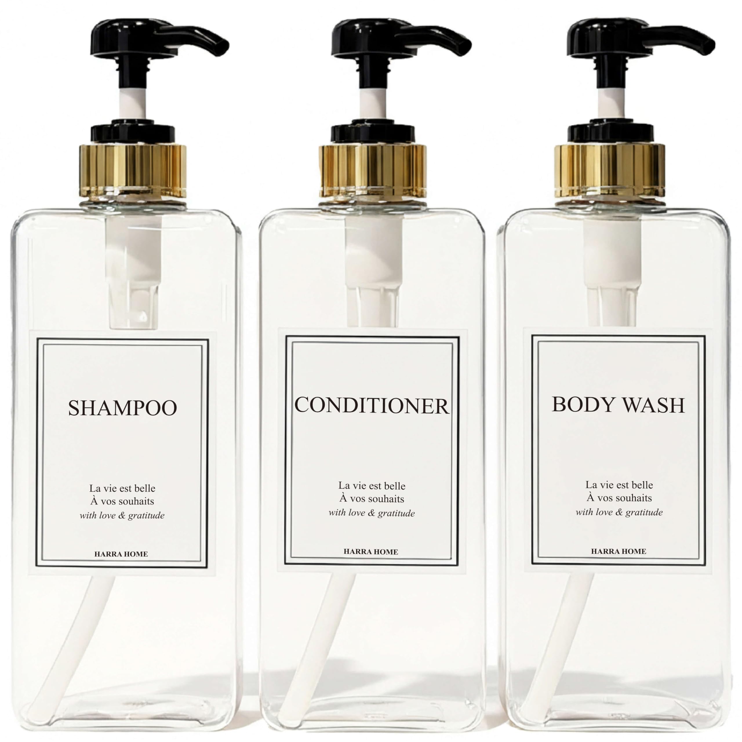 Shampoo and Conditioner Dispenser - Modern Design Large 27oz Shower Soap Dispenser Set of 3, Refillable Empty Plastic Pump Bottles for Bathroom, 6 Waterproof Labels Included, White & Silver