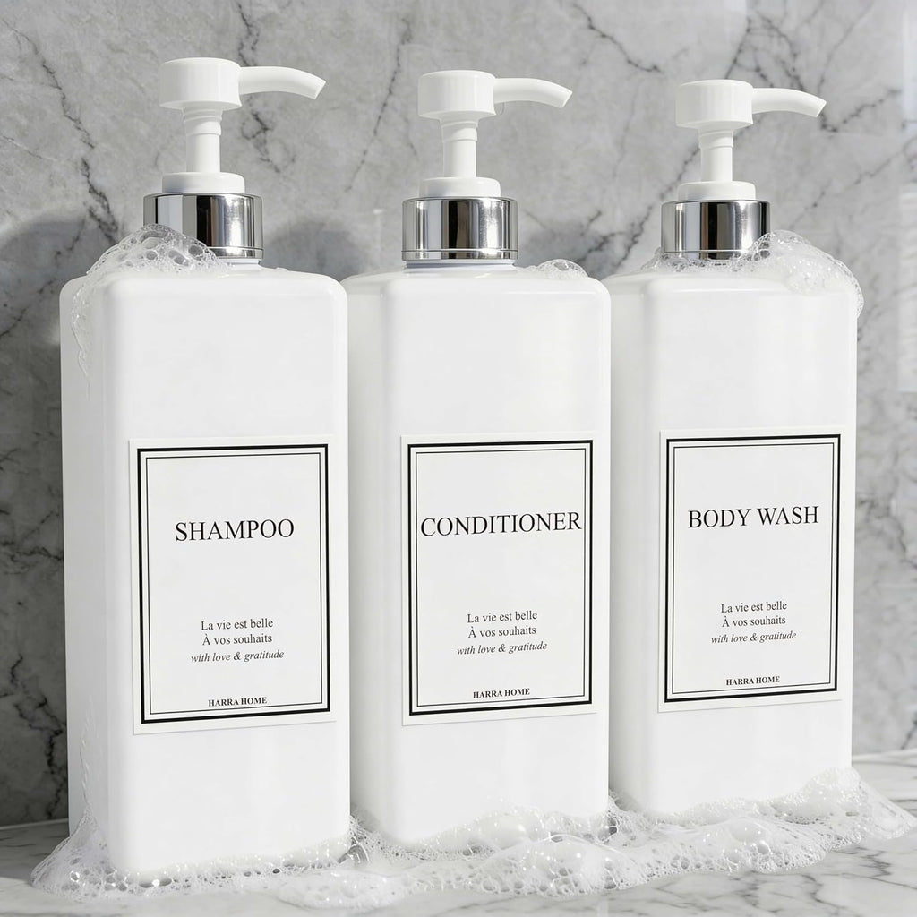 Shampoo and Conditioner Dispenser - Modern Design Large 27oz Shower Soap Dispenser Set of 3, Refillable Empty Plastic Pump Bottles for Bathroom, 6 Waterproof Labels Included, White & Silver