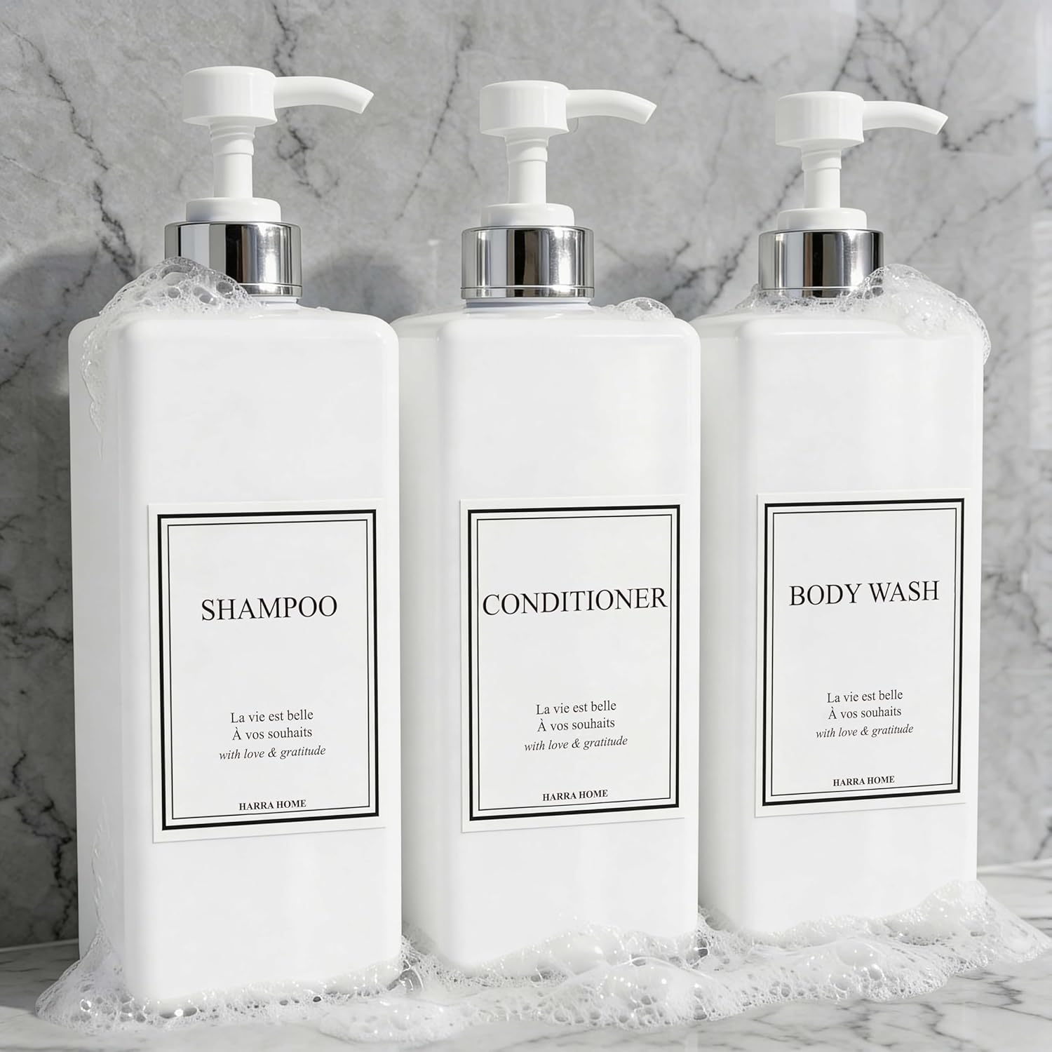 Shampoo and Conditioner Dispenser - Modern Design Large 27oz Shower Soap Dispenser Set of 3, Refillable Empty Plastic Pump Bottles for Bathroom, 6 Waterproof Labels Included, White & Silver