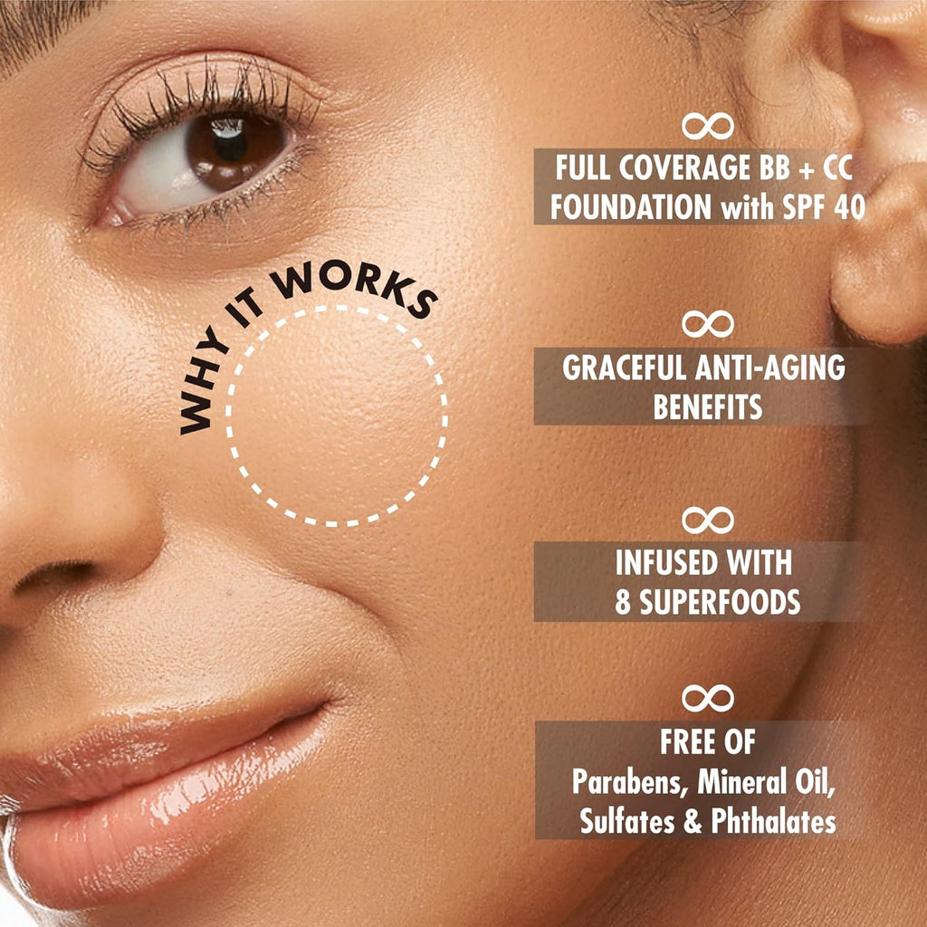 YENSA Skin on Skin BC Foundation Makeup - CC Cream, BB Cream & Full Coverage Foundation-In-One - Buildable, Radiant Finish with SPF 40, Hyaluronic Acid, Peptides & 8 SuperBlacks - Tan Golden (1 oz)